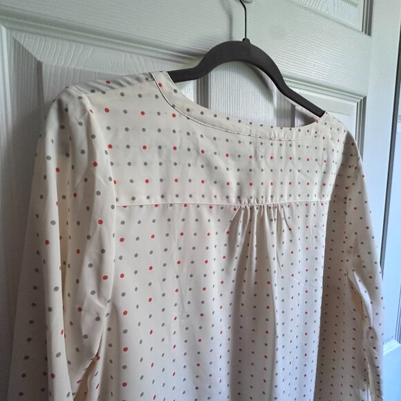 Merona Women's XL Cream w Gray & Orange Polka Dot Long Sleeve Collarless Blouse - Picture 7 of 9